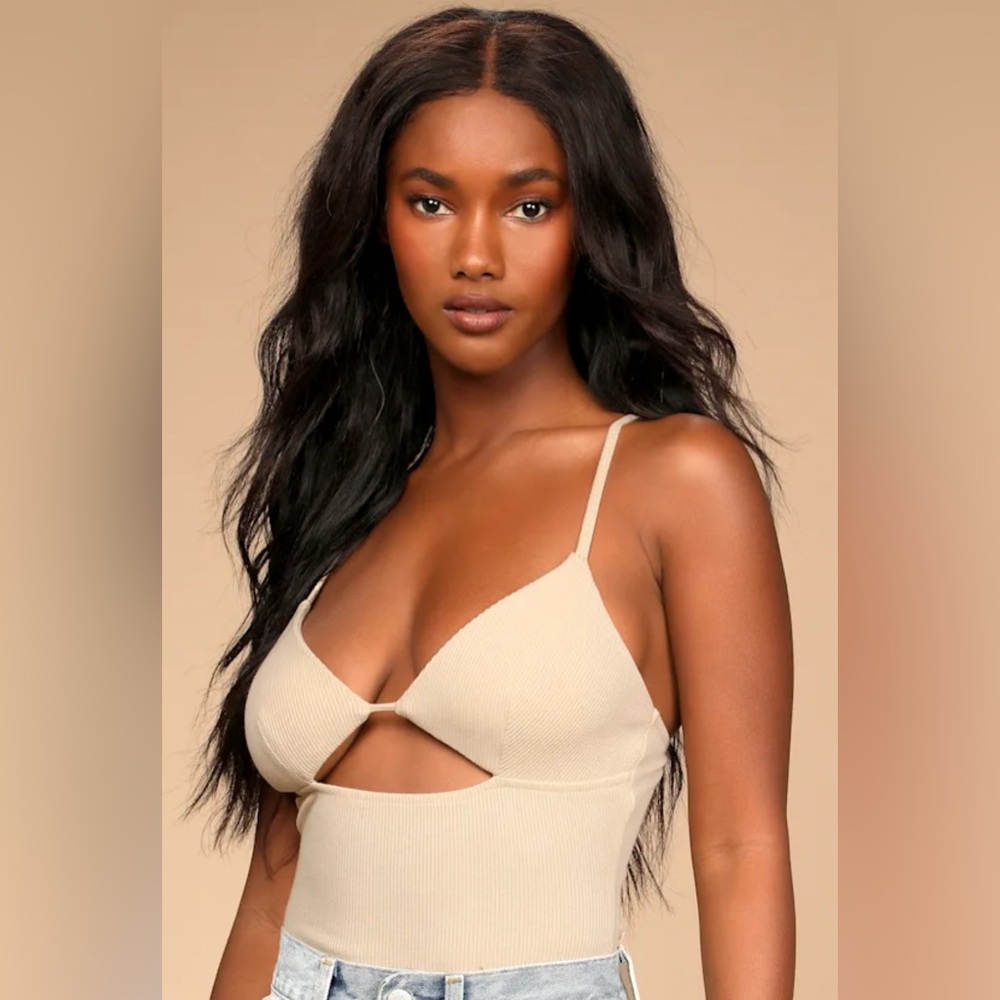 Lulus Got You Hooked Beige Sleeveless Cutout Bodysuit